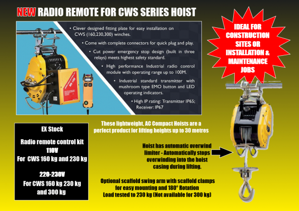 NEW - CWS MINI ELECTRIC HOIST WITH RADIO REMOTE CONTROL